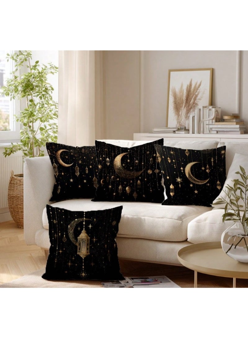 4-piece decorative pillow cover set for Ramadan and Eid, featuring a simple watercolor design of the moon and lanterns, made of soft flute fabric in charming colors, measuring 45*45 cm, suitable for the bedroom, sofa, living room, and Ramadan and Eid decorations. - Image 5